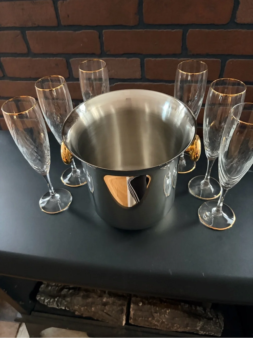 Vintage French stainless steel champagne, ice bucket 6 fluted, champagne glasses